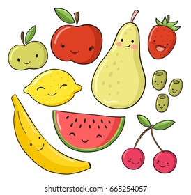 Cute smiling fruits vector set. Funny cartoon food illustration.