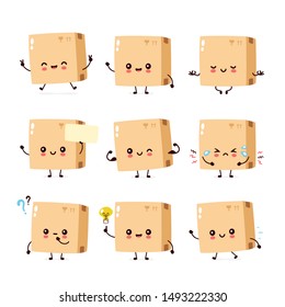 Cute smiling funny happy strong,sad parcel,delivery box mascot set collection.Vector cartoon character illustration.Isolated on white background.Delivery box face,parcel character bundle logo concept