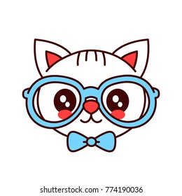 Cute smiling funny hipster cat in glasses and butterfly tie face.Vector cartoon character illustration.Design for child card,t-shirt.Boy,kid.children cat, kitty concept.Isolated on white background.