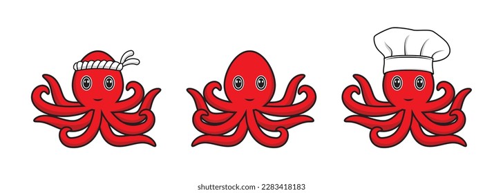 Cute smiling funny Japanese octopus called Tako with and without Japanese chef headband and hat drawing in cartoon vector