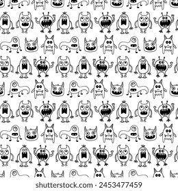 Cute Smiling Funny Monsters Creatures Seamless Pattern. Halloween Spooky Kids Drawing Fun Characters. Hand Drawn Doodle Sketch Background. Vector Illustration