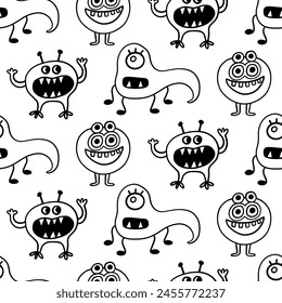 Cute Smiling Funny Monsters Creatures Seamless Pattern. Halloween Spooky Kids Drawing Fun Characters. Hand Drawn Doodle Sketch Background. Vector Illustration