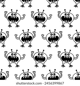 Cute Smiling Funny Monsters Creatures Seamless Pattern. Halloween Spooky Kids Drawing Fun Characters. Hand Drawn Doodle Sketch Background. Vector Illustration