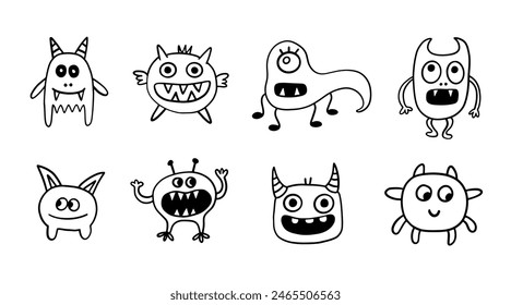 Cute Smiling Funny Monsters Creatures Set. Halloween Spooky Kids Drawing Fun Characters Collection. Hand Drawn Doodle Sketches. Vector Illustration