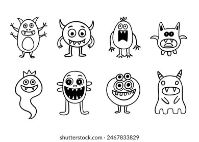 Cute Smiling Funny Monsters Creatures Set. Halloween Spooky Kids Drawing Fun Characters Collection. Hand Drawn Doodle Sketches. Vector Illustration