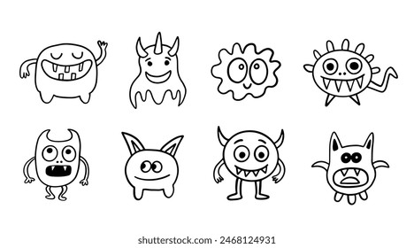 Cute Smiling Funny Monsters Creatures Set. Halloween Spooky Kids Drawing Fun Characters Collection. Hand Drawn Doodle Sketches. Vector Illustration