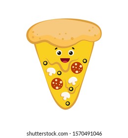 Cute smiling funny Pizza slice . Cartoon colorful design. Good for menu design. Vector illustration, isolated on white background.