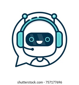 Cute smiling funny robot chat bot in speech bubble.Vector cartoon character illustration.Isolated on white background.Voice support service chat bot,ai virtual online help assist,customer support logo