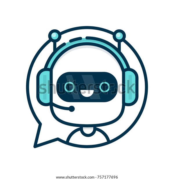 かわいい笑顔のおかしなロボットチャットボットが吹き出し中 白い背景にベクターモダンな平らな漫画のキャラクターイラスト 音声サポートサービスチャットボット 仮想オンラインヘルプカスタマーサポート のベクター画像素材 ロイヤリティフリー