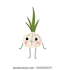 Cute Smiling Garlic, Cheerful Vegetable Character with Funny Face Vector Illustration