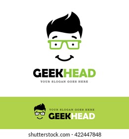 Cute smiling geek face logo in green glasses