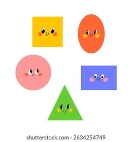 Cute smiling geometric vector shapes with happy faces – square, circle, triangle, rectangle, and oval, fun and friendly design for children's illustration.