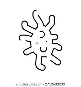 Cute smiling germ character in simple black and white line art, friendly cartoon microbe illustration for medical, educational, and health themed designs and infographics