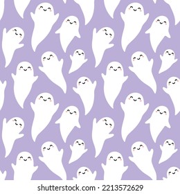 Cute smiling ghost family flying on a light purple background. Pastel violet Halloween ghost seamless pattern repeat illustration.
