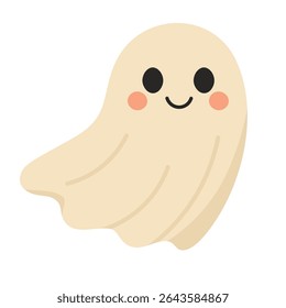 Cute smiling ghost in flat cartoon style. Funny Halloween vector illustration on white background.