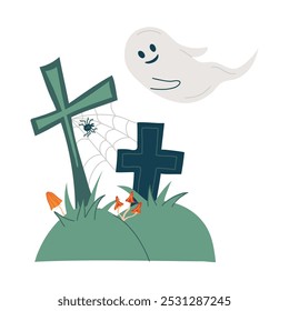 Lindo fantasma sonriente vuela sobre las tumbas en la noche de Halloween. Lápidas, cruces en el cementerio. Antiguo cementerio para las vacaciones de octubre. Ilustración vectorial aislada