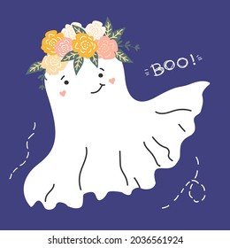 Cute smiling ghost in a flower wreath. Letters BOO. Halloween element.  Vector illustration
