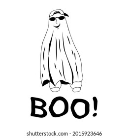 Cute smiling ghost with glasses and a cap says boo. Nice sticker for Halloween