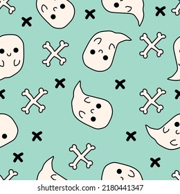 Cute smiling ghost Halloween doodle pattern seamless