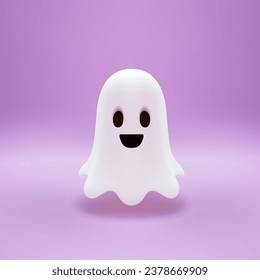 Cute smiling ghost Halloween white flying kawaii character 3d icon realistic vector illustration. Funny positive scary dead spirit soul spooky floating happy evil monster on purple studio background