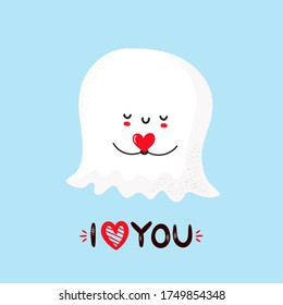 Cute smiling ghost holding heart in hands. Vector hand drawn character illustration. Kawaii post card with "I love you" lettering.