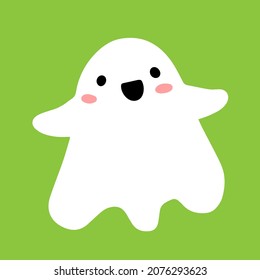 Un fantasma sonriente lindo sobre un fondo verde. Ilustración vectorial con carácter fantasma aislado en el fondo.