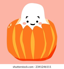 Espíritu sonriente lindo en la calabaza. elemento Halloween.  Ilustración del vector