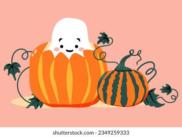 Cute smiling ghost in the pumpkin. Halloween element.  Vector illustration