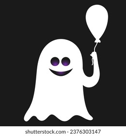 Cute smiling ghost with purple glowing eyes. White ghost isolated on a black background. Cartoon flat simple illustration. Cheerful ghost with balloon. Halloween character.
