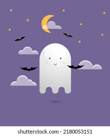 Cute smiling ghost surrounded by flying bat in the starry night. Halloween vector illustration. 
