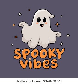 Espléndido fantasma sonriente y texto Spooky Vibes. Plantilla para tarjeta de saludo de Halloween, invitación, afiche, cartel. Ilustración del vector