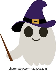 Cute smiling ghost with witch hat on head and magic wand. Design element for shaping websites of clothing accessories postcards. Vector illustration isolated on white background.