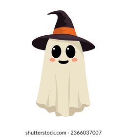 Cute smiling ghost in witch hat. Design element for halloween greeting card, invitation, poster, banner. Isolated vector illustration