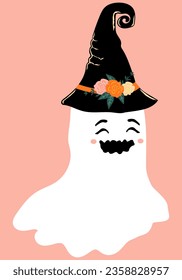 Un fantasma sonriente lindo en el sombrero de brujas. elemento Halloween.  Ilustración del vector