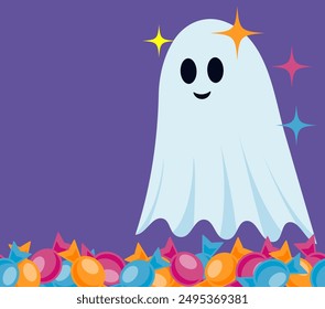 Cute smiling ghosts and candies on purple background. This could be a flyer, poster, invitation. Good for Halloween trick or treat tumbler or mug wrap design. Seamless candy border.