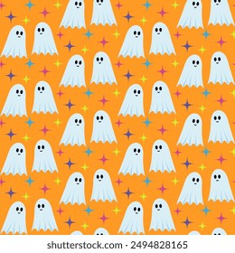 Cute smiling ghosts with colorful sparkles on bright orange background. Funny festive design for the warm and cozy Halloween season. Seamless pattern. Vector illustration.