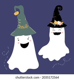 Cute smiling ghosts in a witch's hats. Halloween element.  Vector illustration