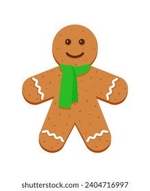 Cute smiling ginger bread men and christmas scarf. Classic Christmas biscuit. Xmas Gingerbread cookies. Vector illustration. Noel holiday sweet desser