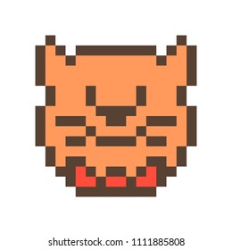 Cute smiling ginger cat muzzle,16x16 pixel art icon isolated on white background. Chat app sticker/social media account/user profile avatar/messenger emoji. Pet shop/toy store/vet/animal shelter logo.