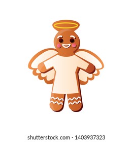 Cute smiling gingerbread angel with white milk cream