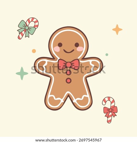 Cute smiling gingerbread man cookie wearing a red bow tie and icing decorations, surrounded by candy canes tied with bows and pastel stars, kawaii style festive Christmas clipart for winter holiday ca