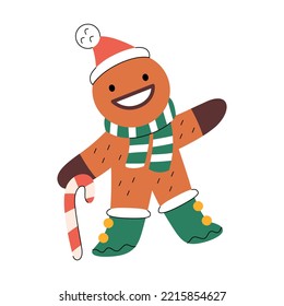 Cute smiling gingerbread man wearing traditional Santa hat, scarf and boots. Funny Christmas character greeting and waving hands. Colorful New year symbol. Xmas holiday toy and decor. Minimalistic fla