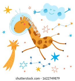 Cute smiling giraffe fly in open space.  African animal in sky. Cosmos background. Stars, cloud, constellations and comet. Funny cartoon children illustration. Vector hand drawn clipart. Kids print.