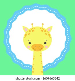 Cute smiling giraffe. 
Funny tropical animal with long neck. Useful for baby shower invitation, greeting card. Nursery print poster. Cartoon vector illustration
