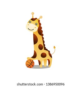 Cute smiling giraffe play basketball with red ball