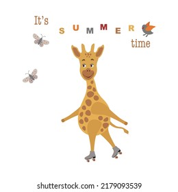 Cute smiling giraffe ride roller skate
