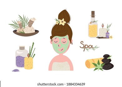 Cute smiling girl applying facial mask and having relax. Spa center service flat vector illustrations set. Face and body care. Spa products. Beauty salon visitors cartoon characters. Spa facilities.
