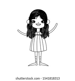 cute smiling girl with black long hair vector illustration thick line