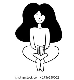 Cute smiling girl with a book in her hands.  Vector doodle illustration for logos, greeting cards, prints, cute childish designs.