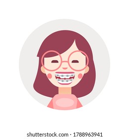 Cute smiling girl with braces on teeth. Happy kid with dental smile. Cartoon character portrait vector flat illustration